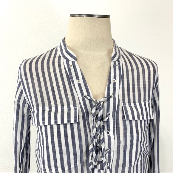 Madewell- Blue White Vertical Stripe Lace Up Top - Picture 2 of 8